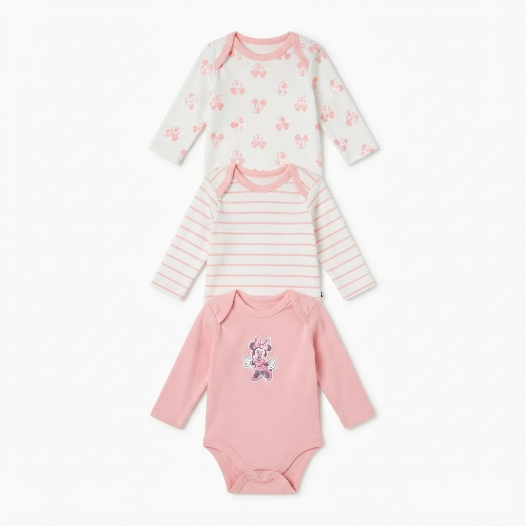 Baby Cotton Full-Sleeve Minnie Mouse Print Bodysuits (3-Piece Pack)