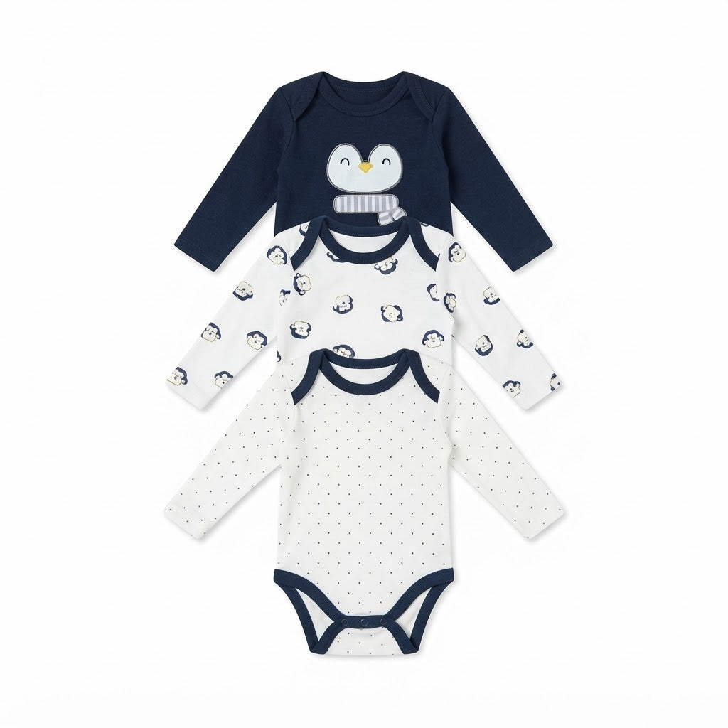 Baby Cotton Full-Sleeve Penguin Print Bodysuits (3-Piece Pack)