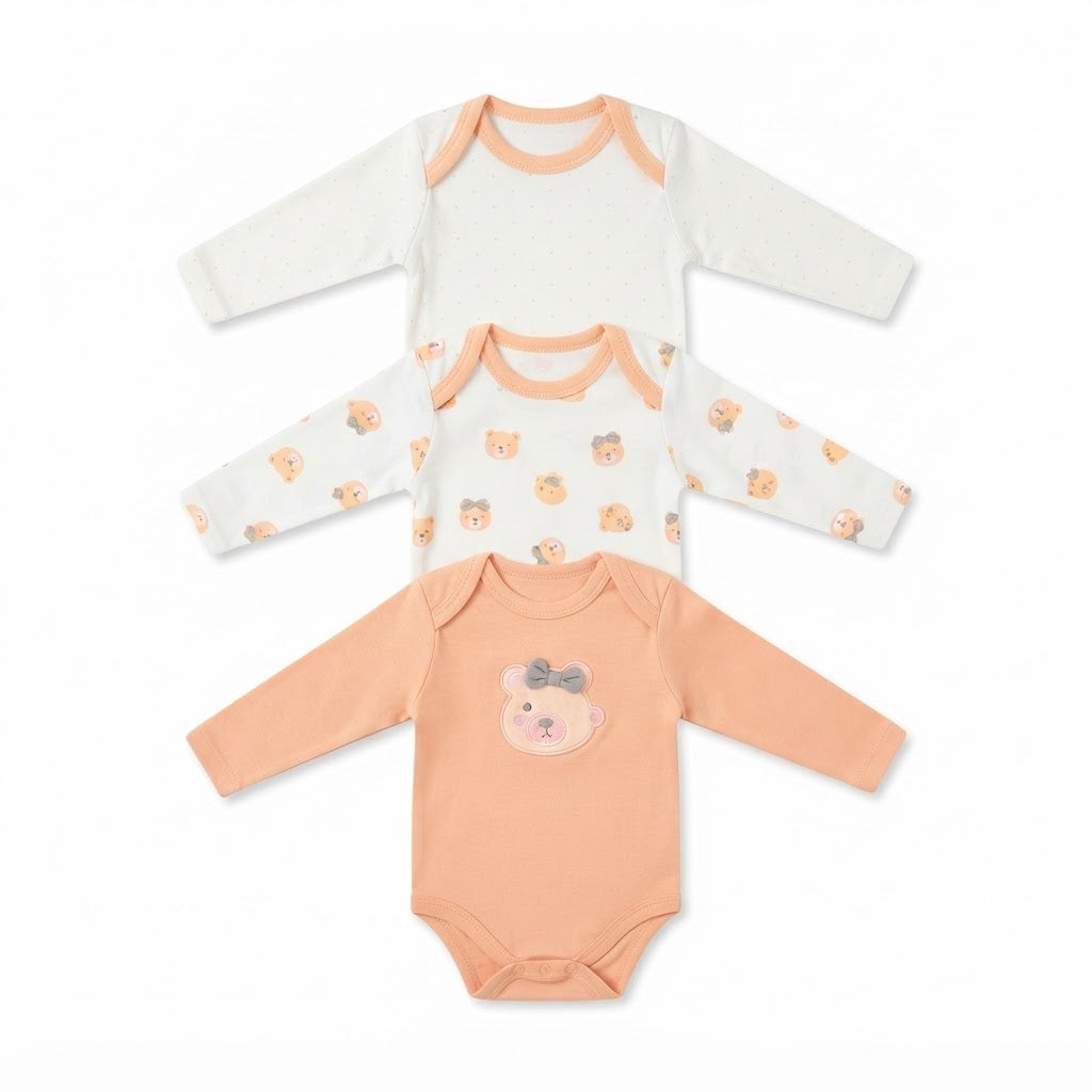 Baby Cotton Full-Sleeve Bear Print Bodysuits (3-Piece Pack)