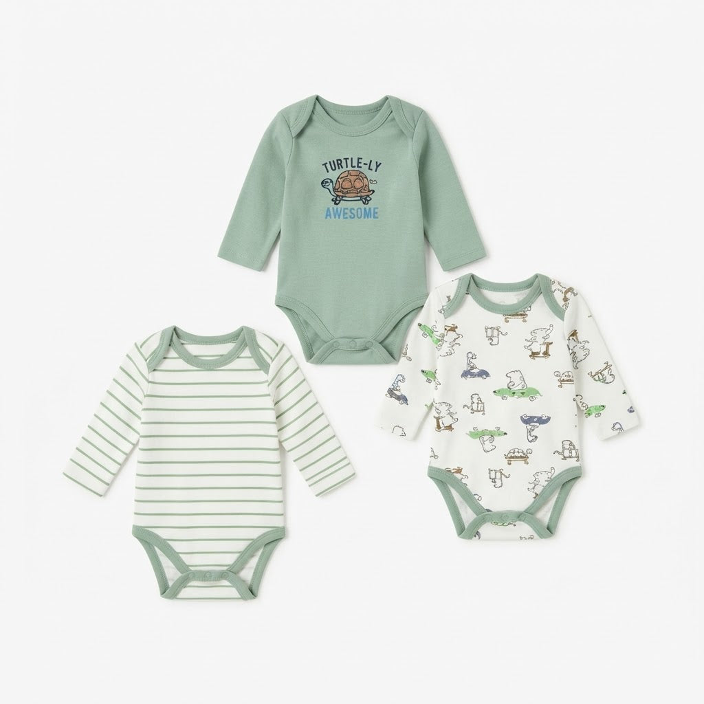 Baby Cotton Full-Sleeve Turtle Print Bodysuits (3-Piece Pack)