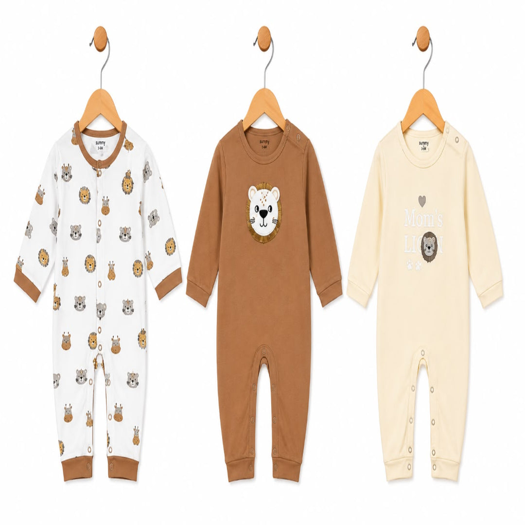 Baby Cotton Full-Sleeve Lion Print Rompers / Sleepsuits (3-Piece Pack)