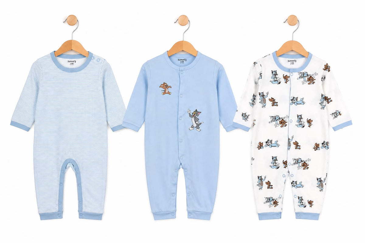 Baby Cotton Full-Sleeve Tom and Jerry Print Rompers / Sleepsuits (3-Piece Pack)