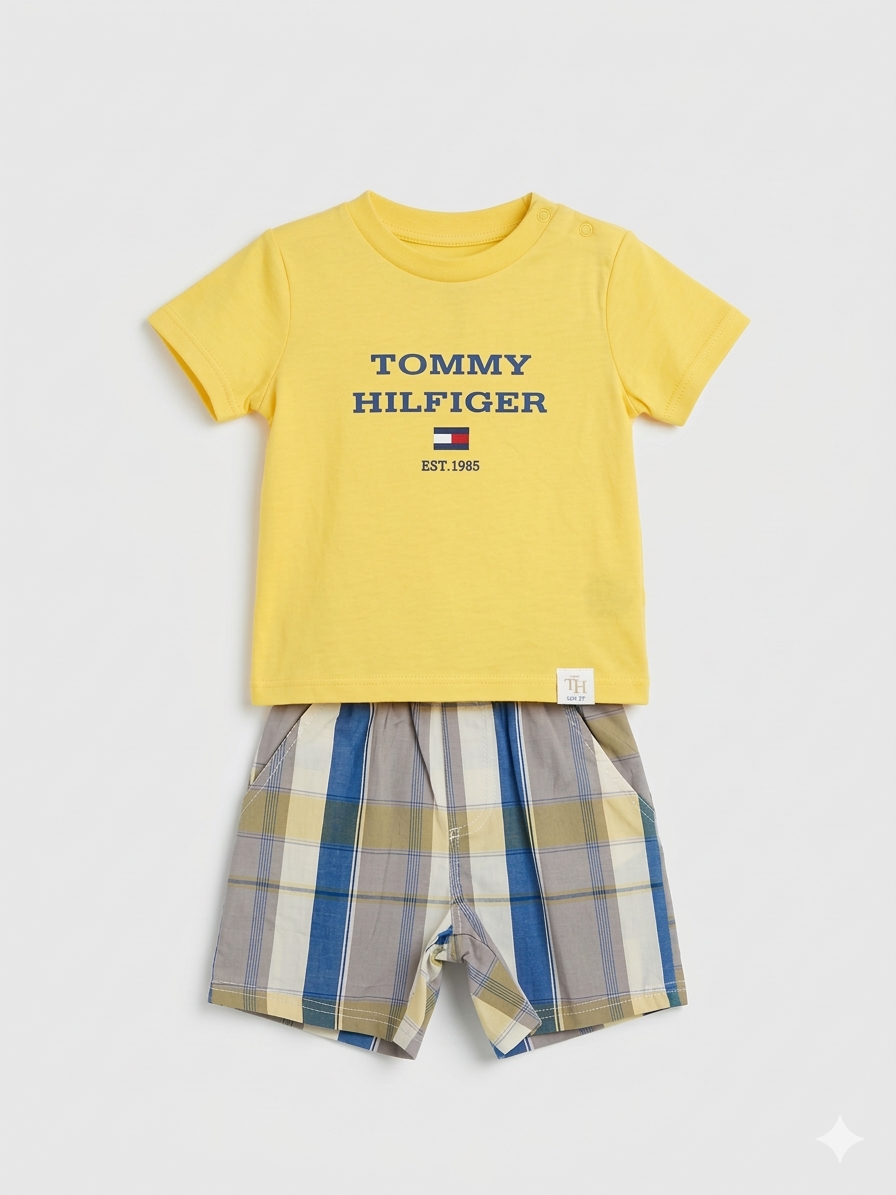 Baby Boys' 2-Piece Short Set – Yellow Graphic T-Shirt & Plaid Shorts Zubaidas