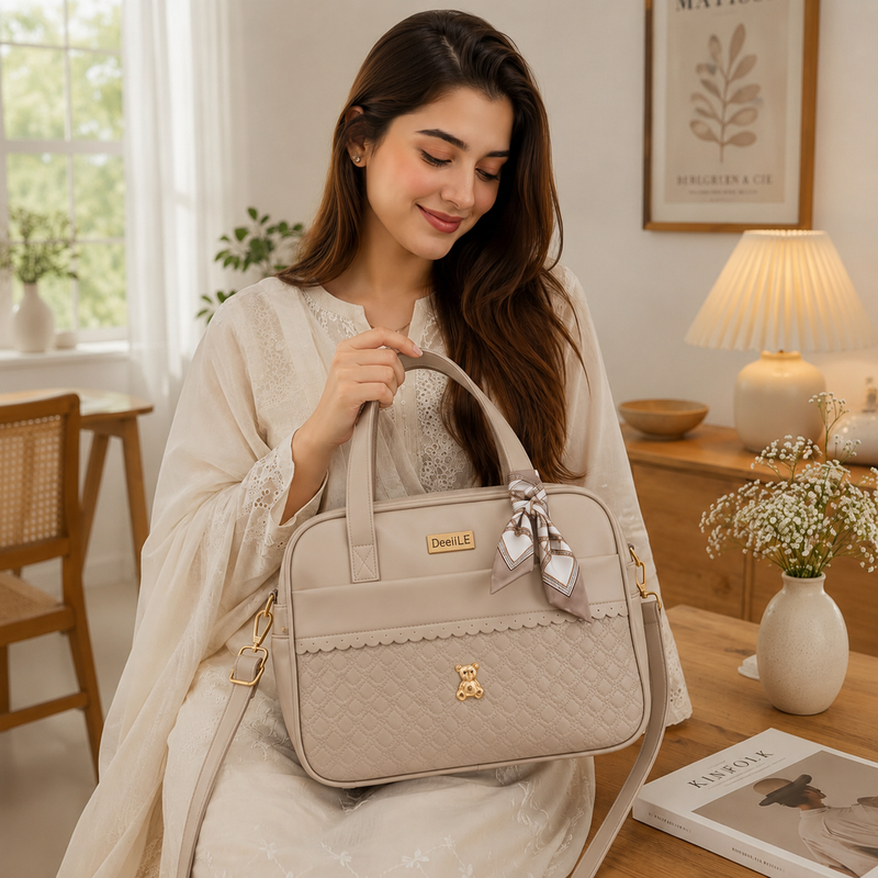 Elegant Beige Women's Handbag with Scarf Accent – Premium Crossbody & Shoulder Bag