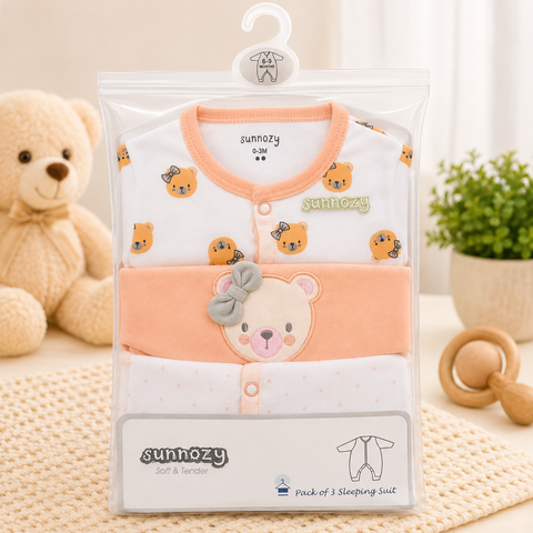 Sweet Bow Bear 3-Piece Cotton Sleeping Suit Set (0-3M)