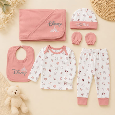 6-Piece Disney Baby Newborn Gift Set – Cotton Clothing Set with Blanket, Bib, Cap, Mittens, Top & Pants