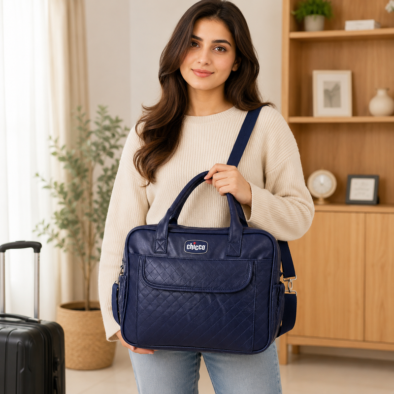 Chicco Premium Quilted Leatherette Baby Diaper Bag – Spacious Multi-Pocket Maternity & Travel Bag (Navy Blue)
