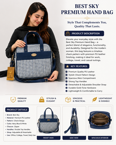Best Sky Premium Check Pattern Laptop & Office Handbag for Women | Stylish Shoulder & Hand Carry Bag (Navy Blue & White)