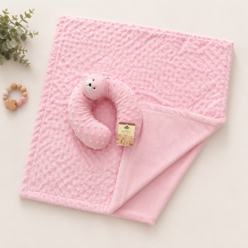 Ultra Soft Minky Baby Blanket with Plush Bear Neck Support Pillow – Pink