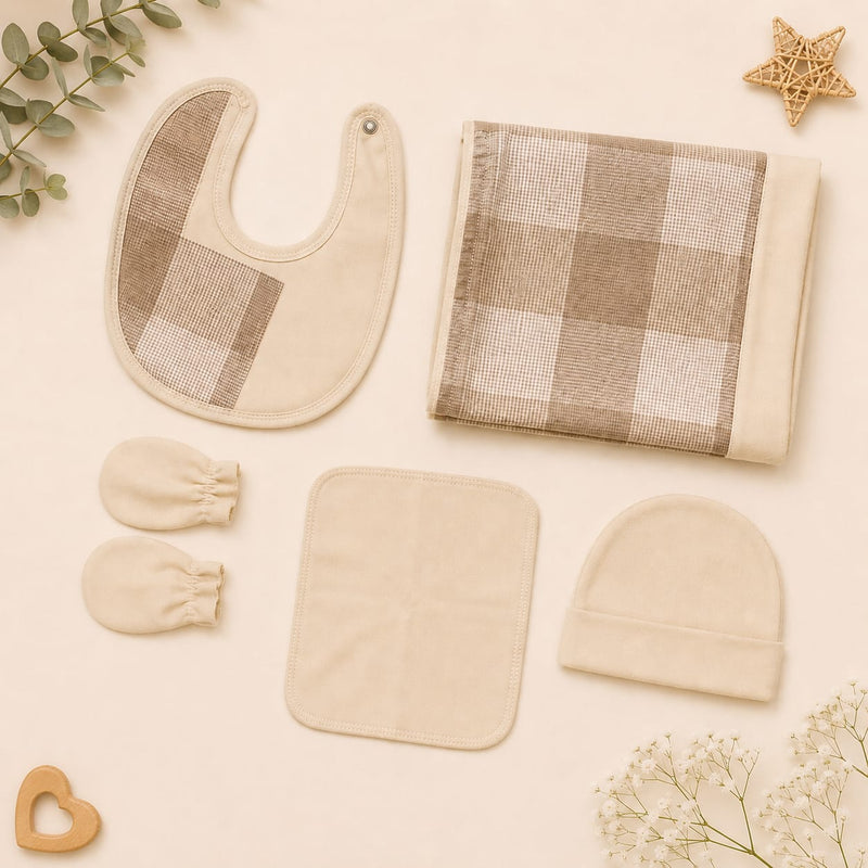 Organic Cotton Baby Newborn Gift Set – Sleeveless Bodysuit, Sleepsuit, Blanket, Bib, Cap & Mittens