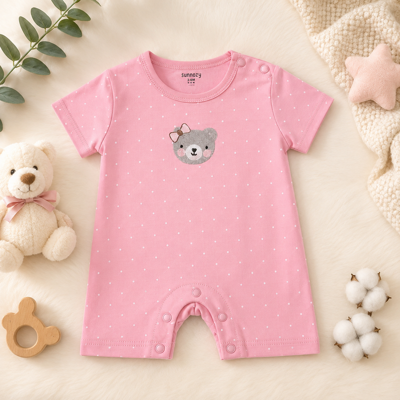 Adorable Pink Bear Print Cotton Baby Romper (3-6M)