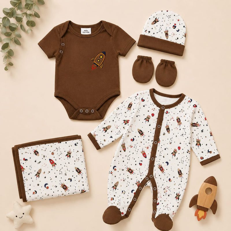 Baby Cotton Newborn Gift Set – Rocket Print Bodysuit, Sleepsuit, Blanket, Cap & Mittens (Brown/White)