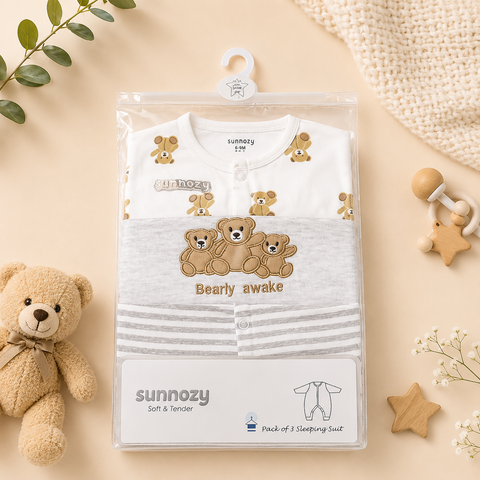 Bearly Awake" 3-Piece Cotton Sleeping Suit Set (6-9M)