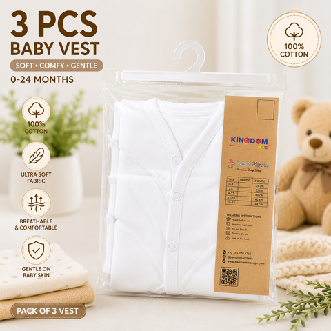 3-Piece Pure Cotton White Baby Vest Set (18-24 Months)
