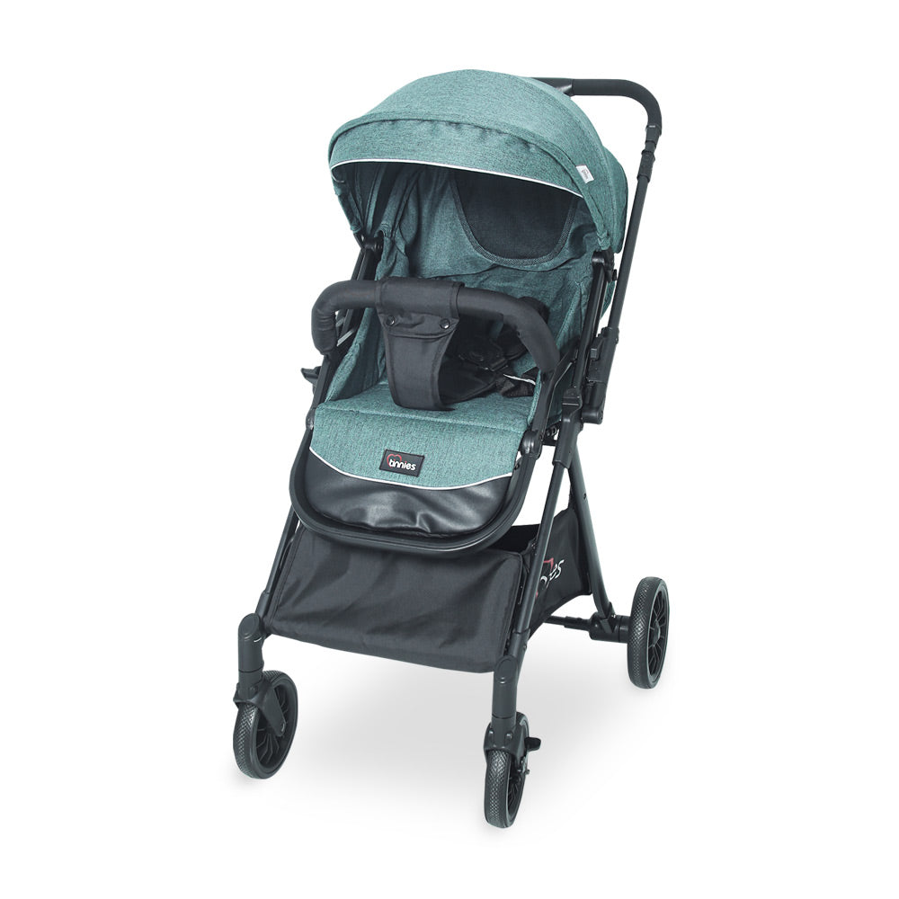 TINNIES BABY STROLLER – GREEN, FOLDABLE WITH REVERSIBLE HANDLE