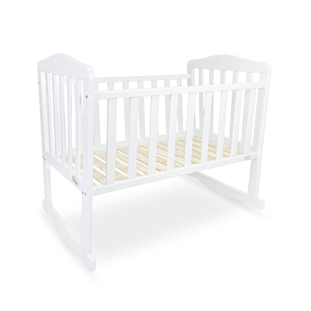 BABY WOODEN CRIB – WHITE FINISH WITH ROCKING & WHEELS
