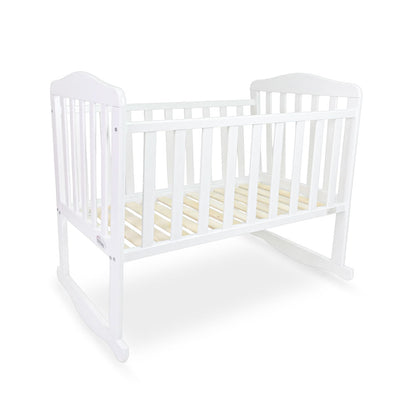 BABY WOODEN CRIB – WHITE FINISH WITH ROCKING & WHEELS