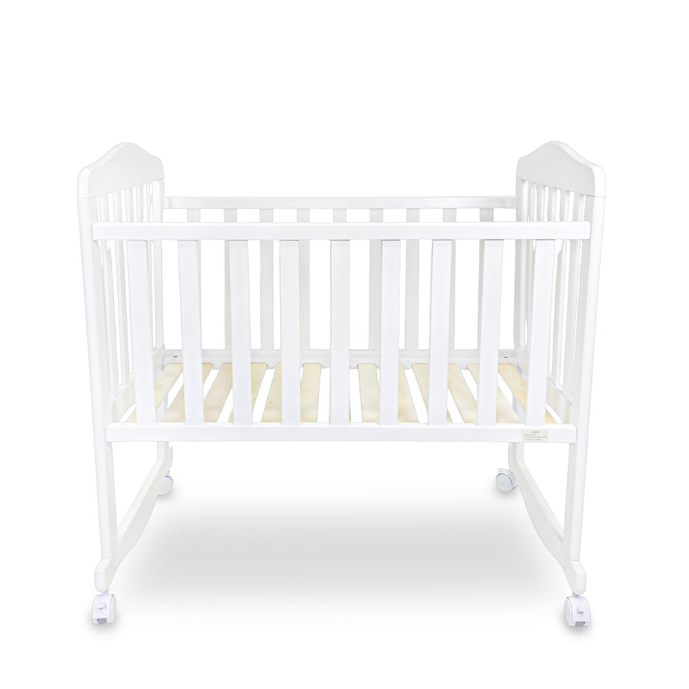 BABY WOODEN CRIB – WHITE FINISH WITH ROCKING & WHEELS