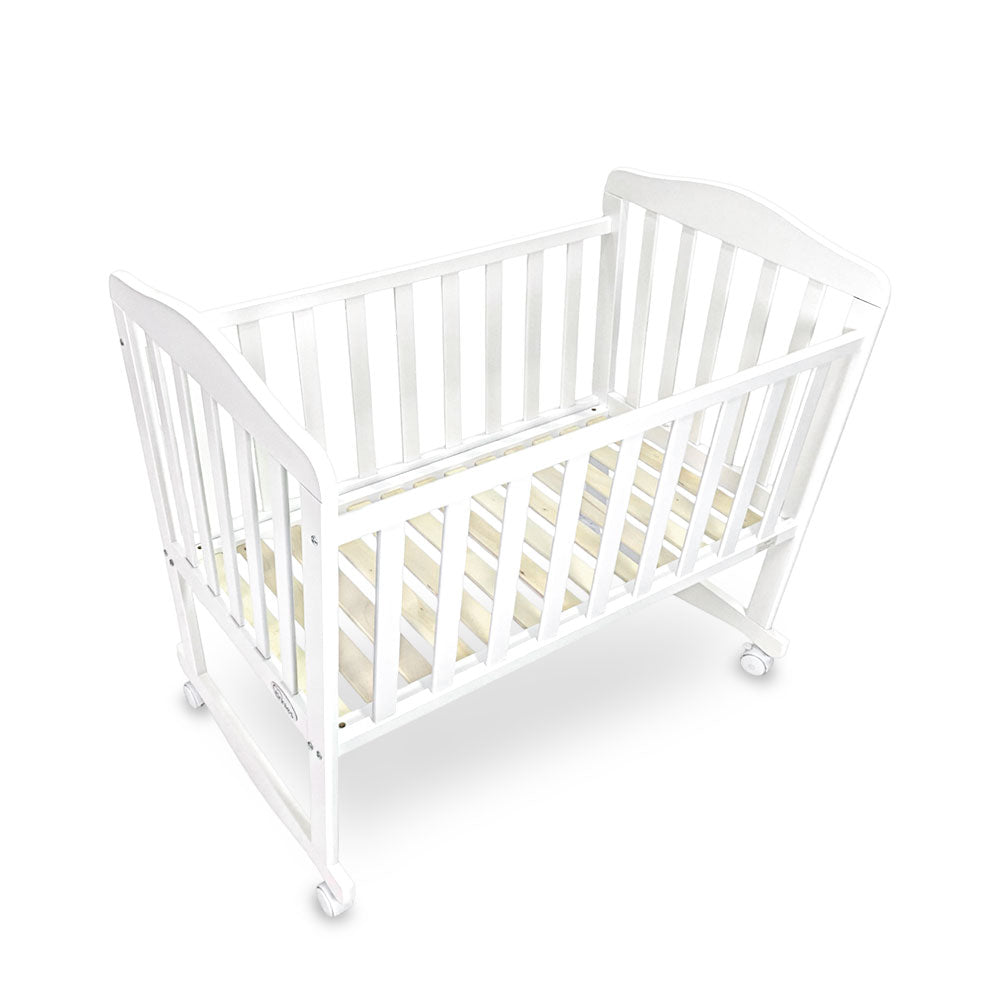 BABY WOODEN CRIB – WHITE FINISH WITH ROCKING & WHEELS