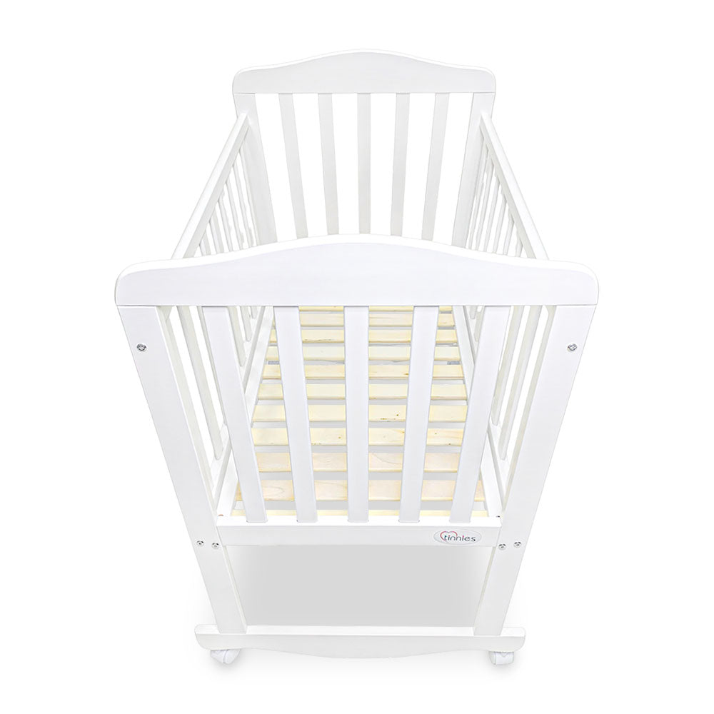 BABY WOODEN CRIB – WHITE FINISH WITH ROCKING & WHEELS