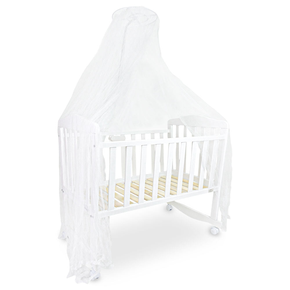 BABY WOODEN CRIB – WHITE FINISH WITH ROCKING & WHEELS