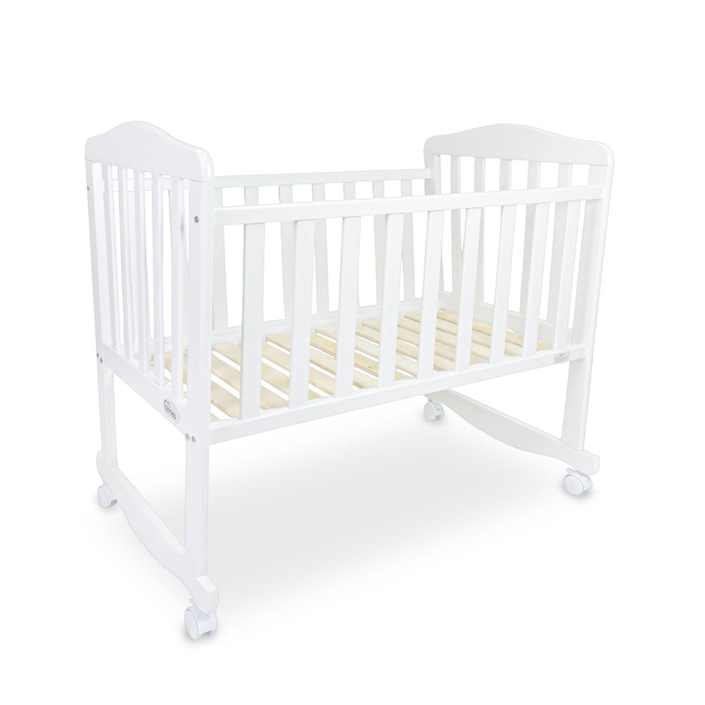 BABY WOODEN CRIB – WHITE FINISH WITH ROCKING & WHEELS