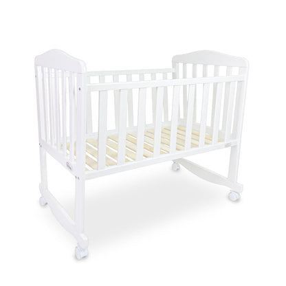 BABY WOODEN CRIB – WHITE FINISH WITH ROCKING & WHEELS