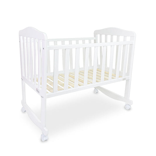 BABY WOODEN CRIB – WHITE FINISH WITH ROCKING & WHEELS