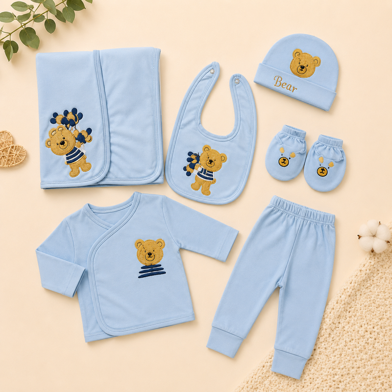 6-Piece Bear Baby Newborn Gift Set – Soft Cotton Blanket, Wrap Top, Bib, Cap & Mittens (Sky Blue)