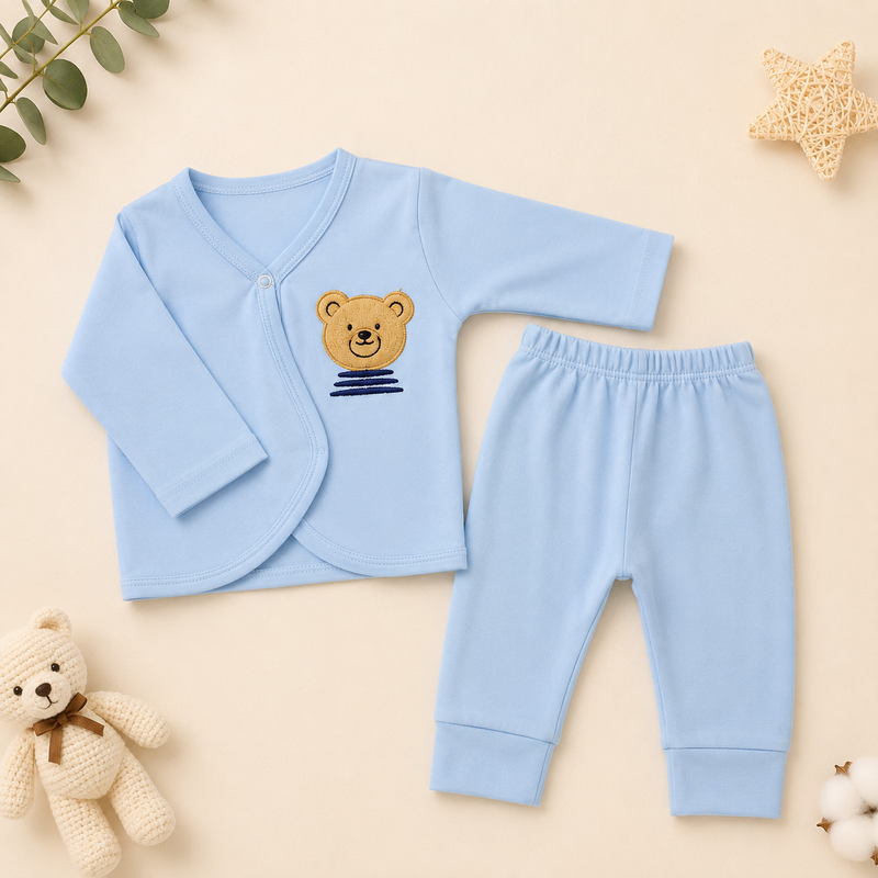 6-Piece Bear Baby Newborn Gift Set – Soft Cotton Blanket, Wrap Top, Bib, Cap & Mittens (Sky Blue)