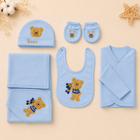 6-Piece Bear Baby Newborn Gift Set – Soft Cotton Blanket, Wrap Top, Bib, Cap & Mittens (Sky Blue)