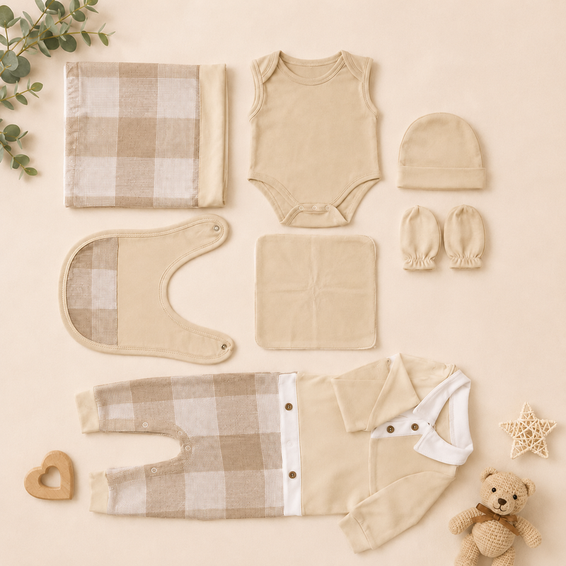 Organic Cotton Baby Newborn Gift Set – Sleeveless Bodysuit, Sleepsuit, Blanket, Bib, Cap & Mittens