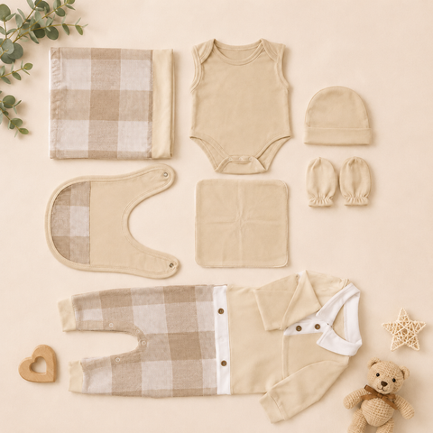 Organic Cotton Baby Newborn Gift Set – Sleeveless Bodysuit, Sleepsuit, Blanket, Bib, Cap & Mittens