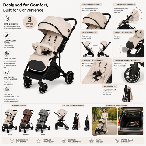 Kidilo-k919N Premium Foldable Baby Stroller – Lightweight Travel Pushchair with Reversible Seat | Beige, Black & Coffee