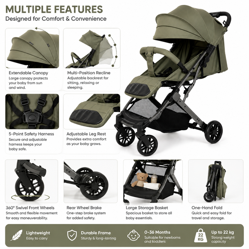 kidillo k8 pro Lightweight Baby Stroller – Compact One-Hand Fold Travel Stroller with Large Canopy, Reclining Seat & 5-Point Safety Harness