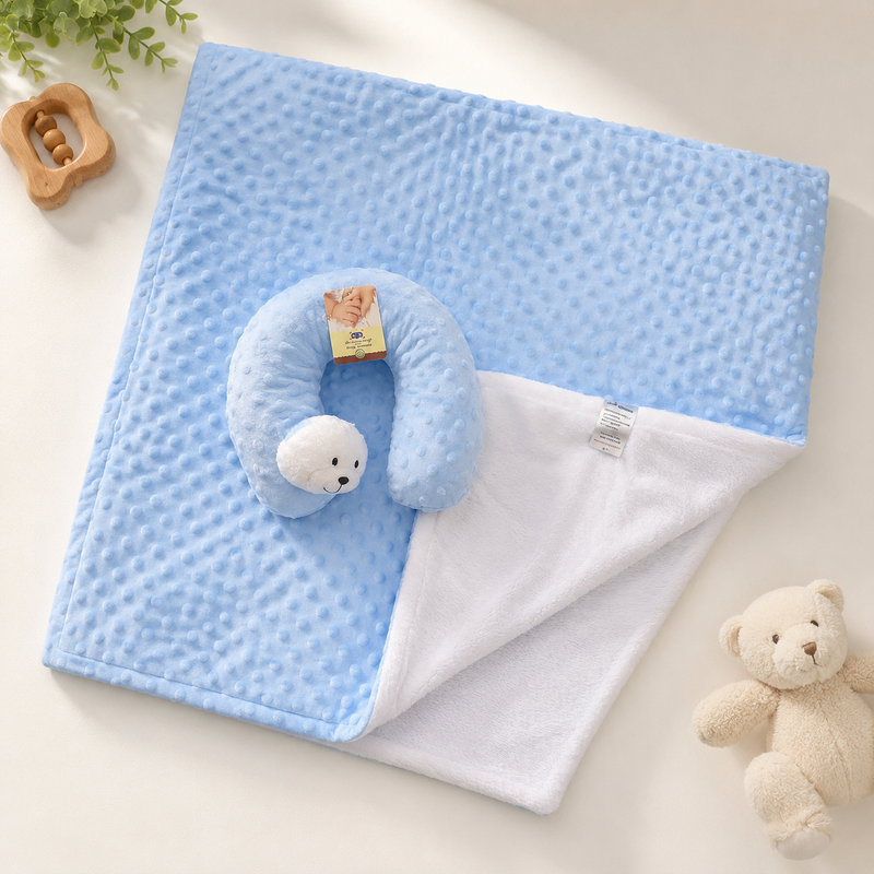 2-Piece Baby Gift Set: Blue Minky Dot Blanket & Plush Teddy Bear Neck Pillow