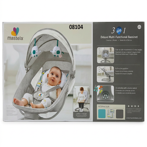 Mastela 3-in-1 Deluxe Baby Bassinet, Rocker & Infant Seat with Canopy, Music & Reclining Backrest