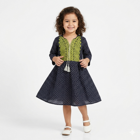 Girls' Cotton Printed Dress with Yellow Ethnic Embroidery