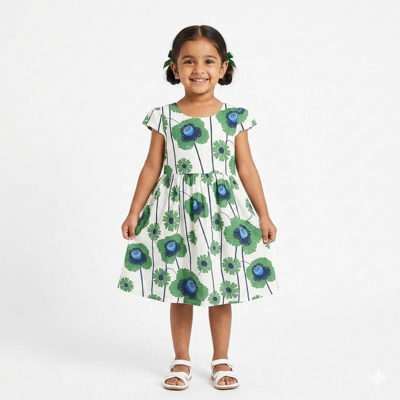 Cute Little Girl's White Floral Cotton Frock with Green Poppy Print