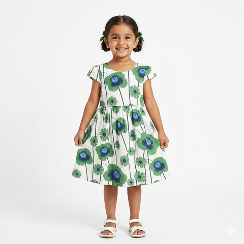Cute Little Girl's White Floral Cotton Frock with Green Poppy Print