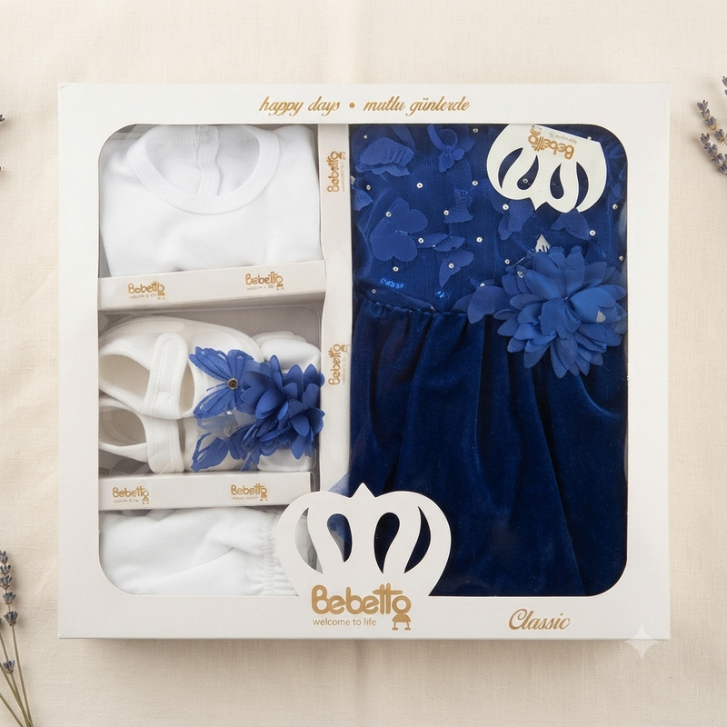 Bebetto Classic Baby Girl Gift Set – 5 Piece Newborn Clothing Set with Elegant Blue Dress