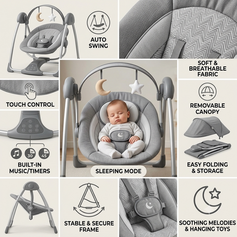Premium Smart Baby Swing & Soother – Dark Gray