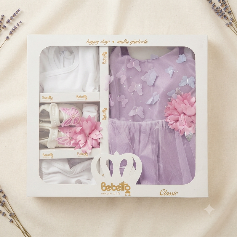 Bebetto Classic Baby Girl Gift Set – 5 Piece Lavender Butterfly Party Dress & Newborn Clothing Set