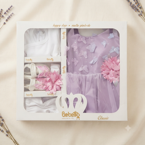 Bebetto Classic Baby Girl Gift Set – 5 Piece Lavender Butterfly Party Dress & Newborn Clothing Set