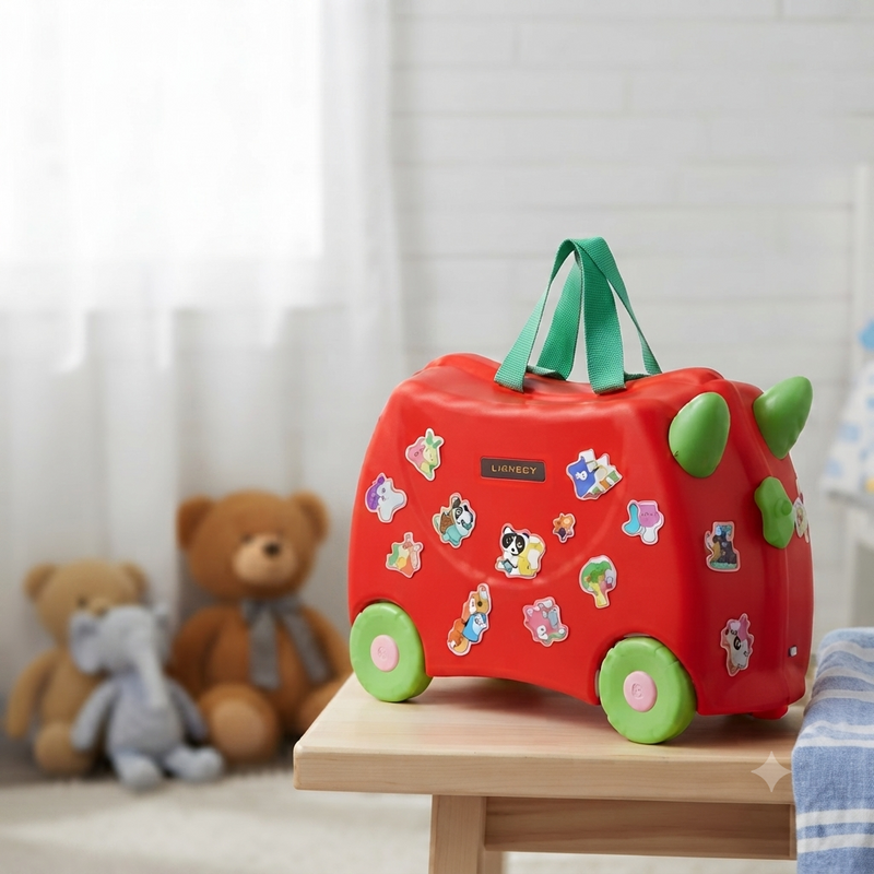 Kids Ride-On Travel Suitcase | Rolling Luggage with Pull Strap & Carry Handle