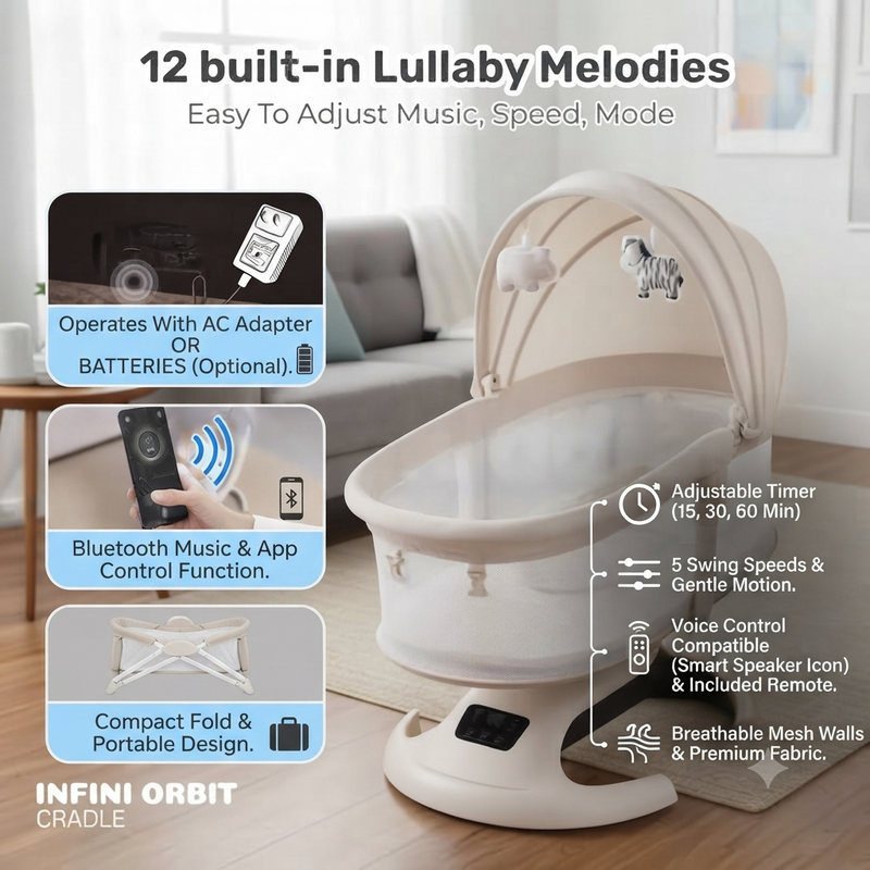 Infini Orbit Smart Cradle – Bluetooth Enabled with 12 Built-in Lullabies