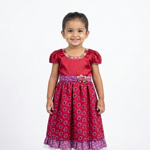 Elegant Maroon and Purple Floral Print Frock for Toddler Girls