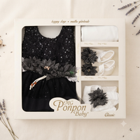 Premium Baby Girl Party Dress Gift Set – Black Sequin Floral Dress with Matching Accessories (0–6 Months) - View 1