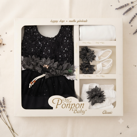 Premium Baby Girl Party Dress Gift Set – Black Sequin Floral Dress with Matching Accessories (0–6 Months)