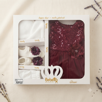 Bebetto Classic Baby Girl Gift Set – 5 Piece Maroon Sequin Party Dress & Newborn Clothing Set - View 1